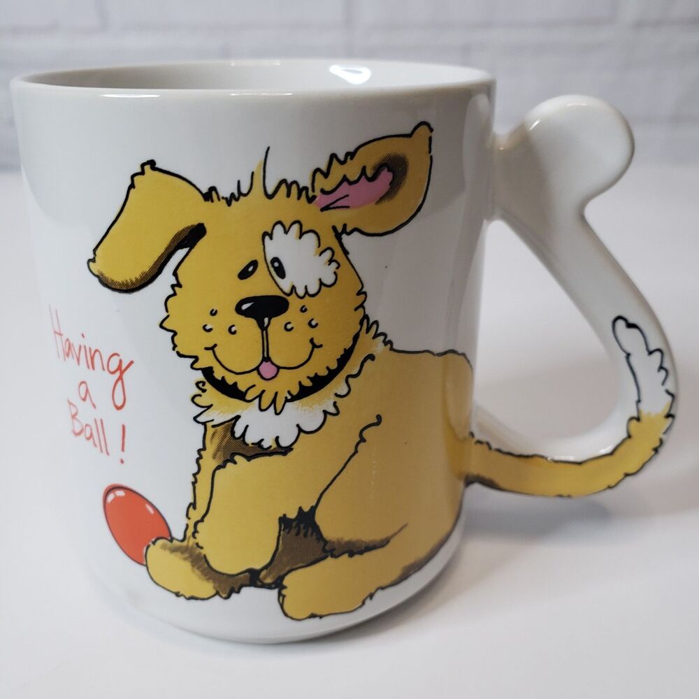 Vintage 1980s Whimsical Dog Mug Having A Ball Tail Handle Japan Excellent